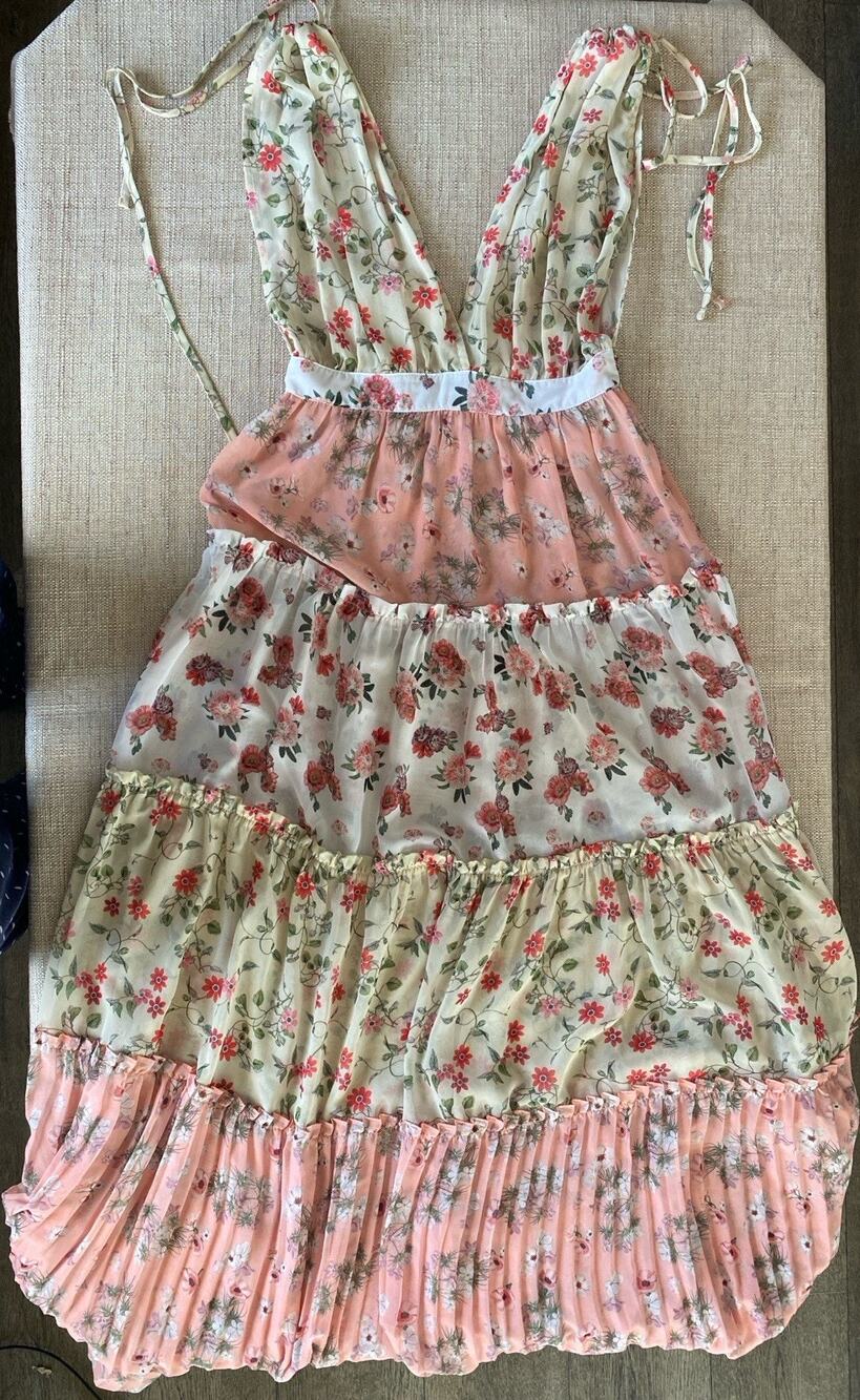 Floral Tiered Mini Dress with Tie Straps - Pink & Cream